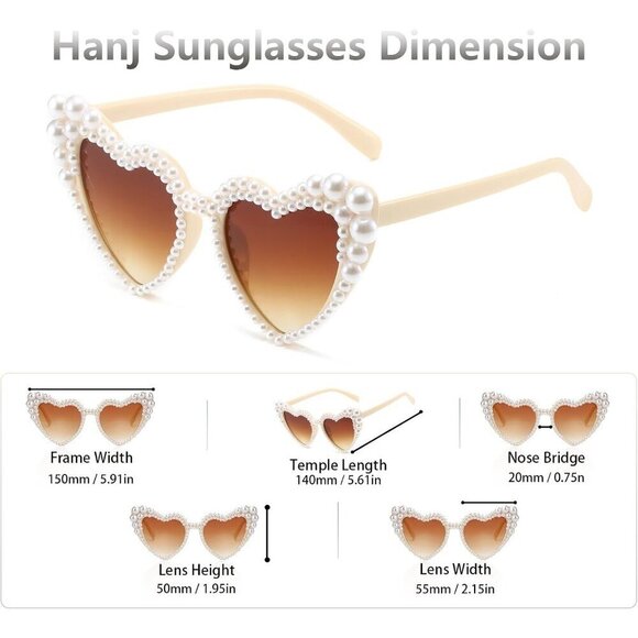 ?Women Brown Love Heart Pearl Sunglasses Rhinestone Bachelorette Sunglasses